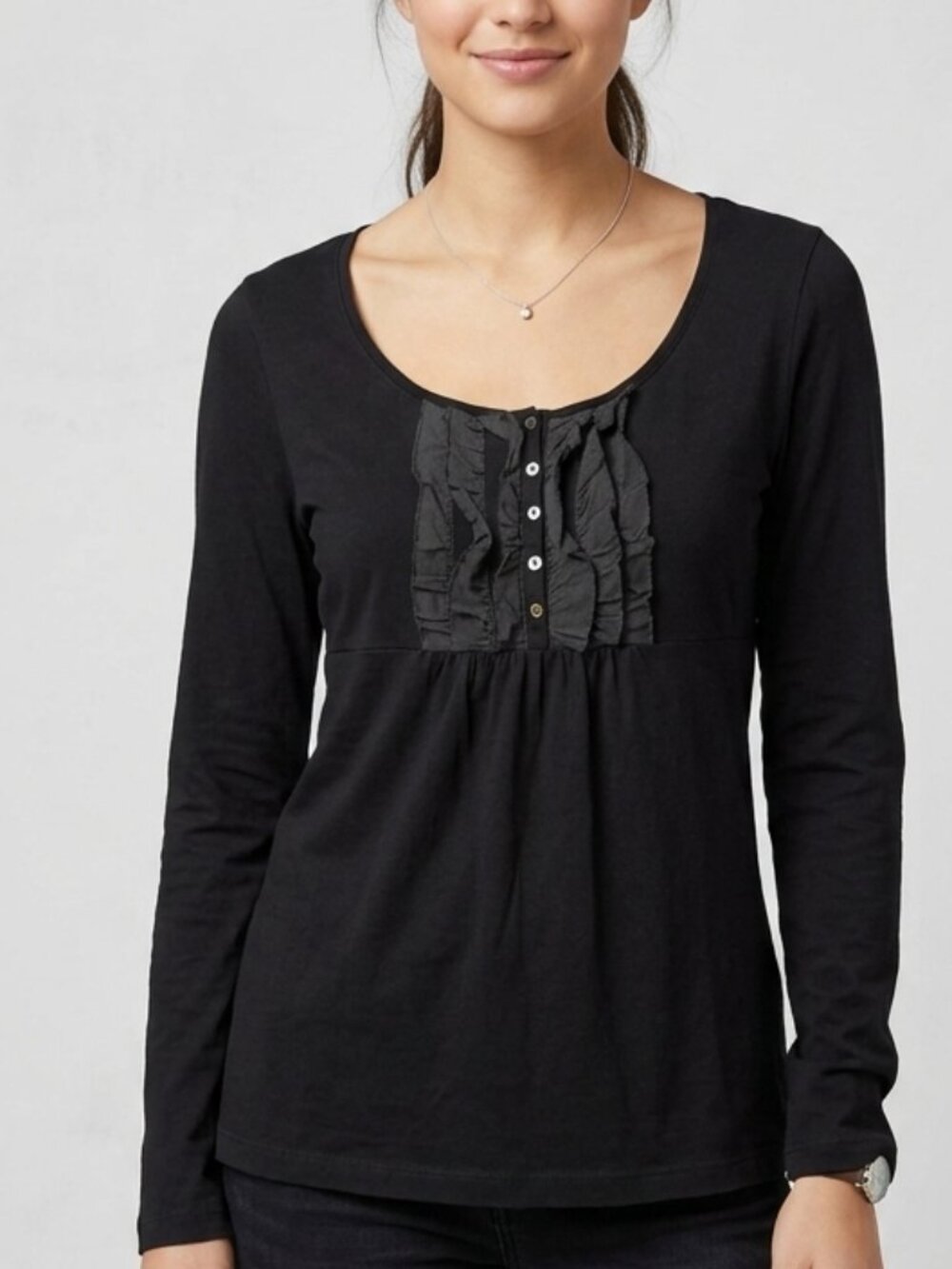 Esprit Black Ruffle Front Cotton and Modal Long Sleeve Top